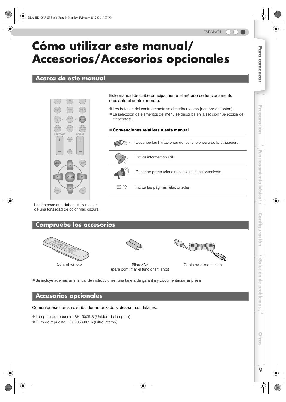 Acerca de este manual, Compruebe los accesorios, Accesorios opcionales | Cómo utilizar este manual, Accesorios/accesorios opcionales, Compruebe los accesorios accesorios opcionales | JVC DLA-HD100 User Manual | Page 117 / 162