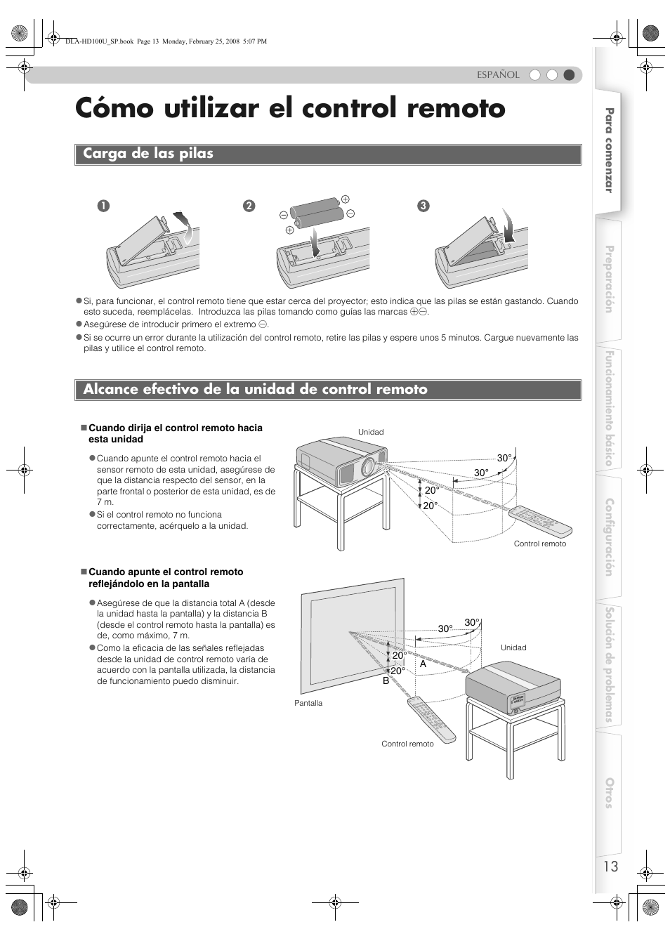 Cómo utilizar el control remoto, Carga de las pilas, Alcance efectivo de la unidad de control remoto | Sensor remoto (p, P13) | JVC DLA-HD100 User Manual | Page 121 / 162