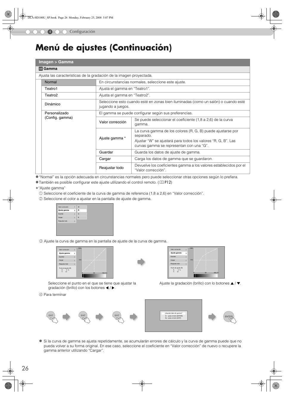 Menú de ajustes (continuación), Configuración z, Imagen > gamma | JVC DLA-HD100 User Manual | Page 134 / 162