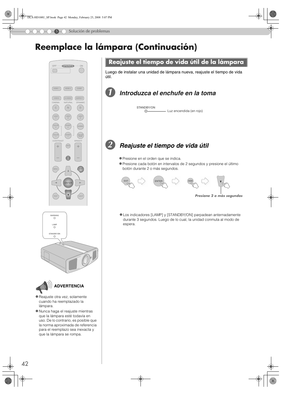 Reajuste el tiempo de vida útil de la lámpara, Reemplace la lámpara (continuación), Introduzca el enchufe en la toma | Reajuste el tiempo de vida útil, Advertencia | JVC DLA-HD100 User Manual | Page 150 / 162