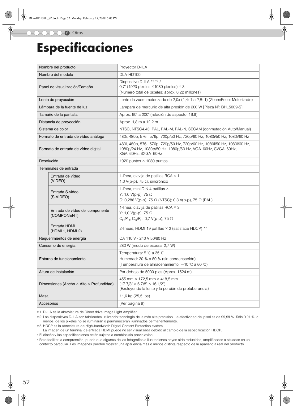 Especificaciones | JVC DLA-HD100 User Manual | Page 160 / 162