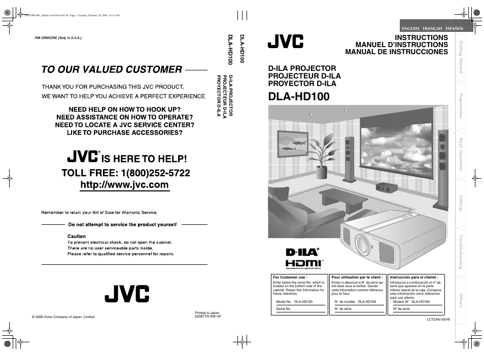 Dla-hd100, D-ila projector projecteur d-ila proyector d-ila | JVC DLA-HD100 User Manual | Page 162 / 162