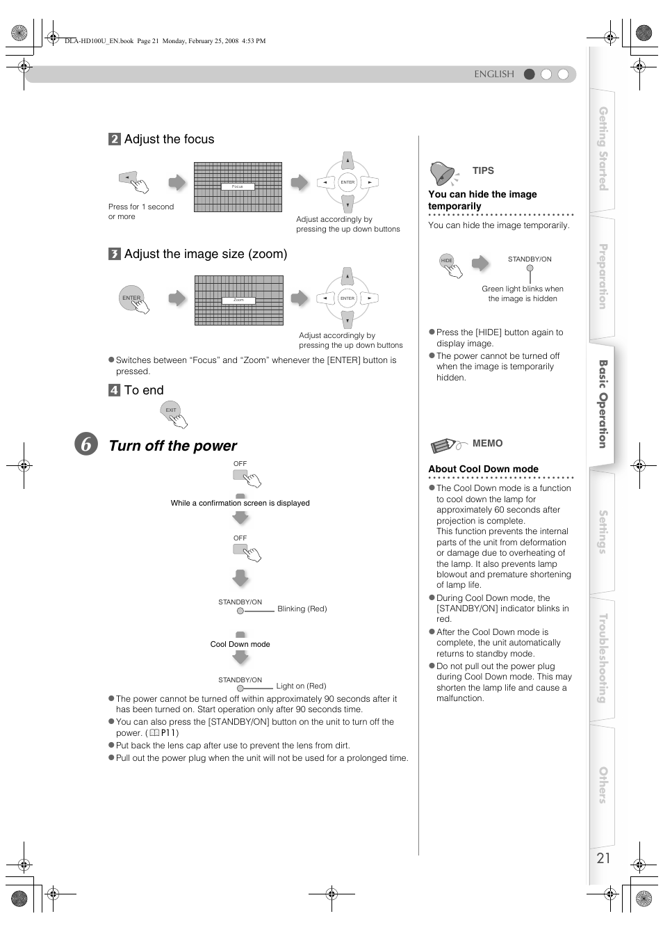 Orarily (p, P21), Turn off the power | JVC DLA-HD100 User Manual | Page 21 / 162