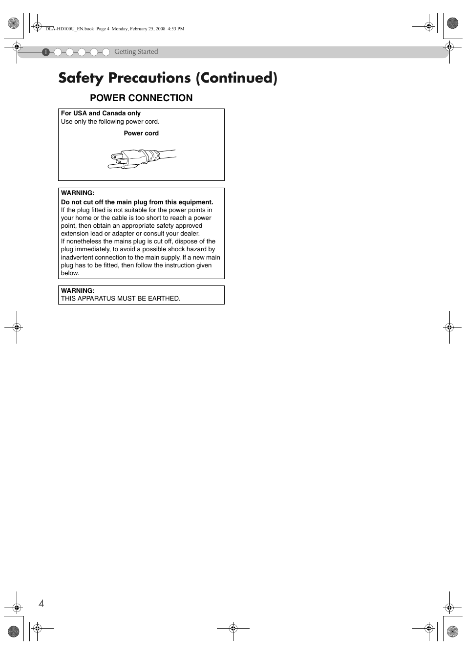Safety precautions (continued), Power connection | JVC DLA-HD100 User Manual | Page 4 / 162