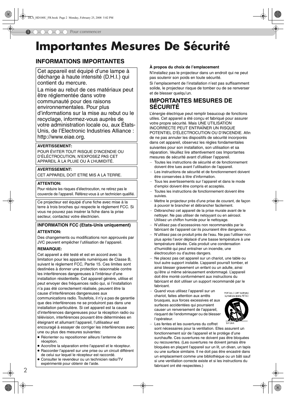 Pour commencer, Importantes mesures de sécurité, Informations importantes | JVC DLA-HD100 User Manual | Page 56 / 162