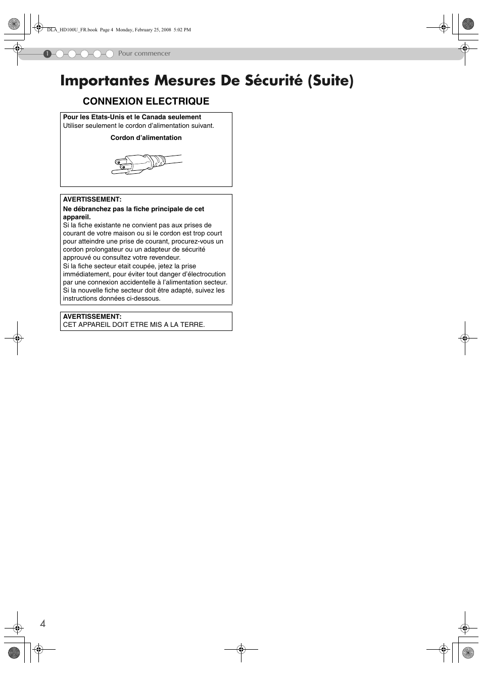 Importantes mesures de sécurité (suite), Connexion electrique | JVC DLA-HD100 User Manual | Page 58 / 162