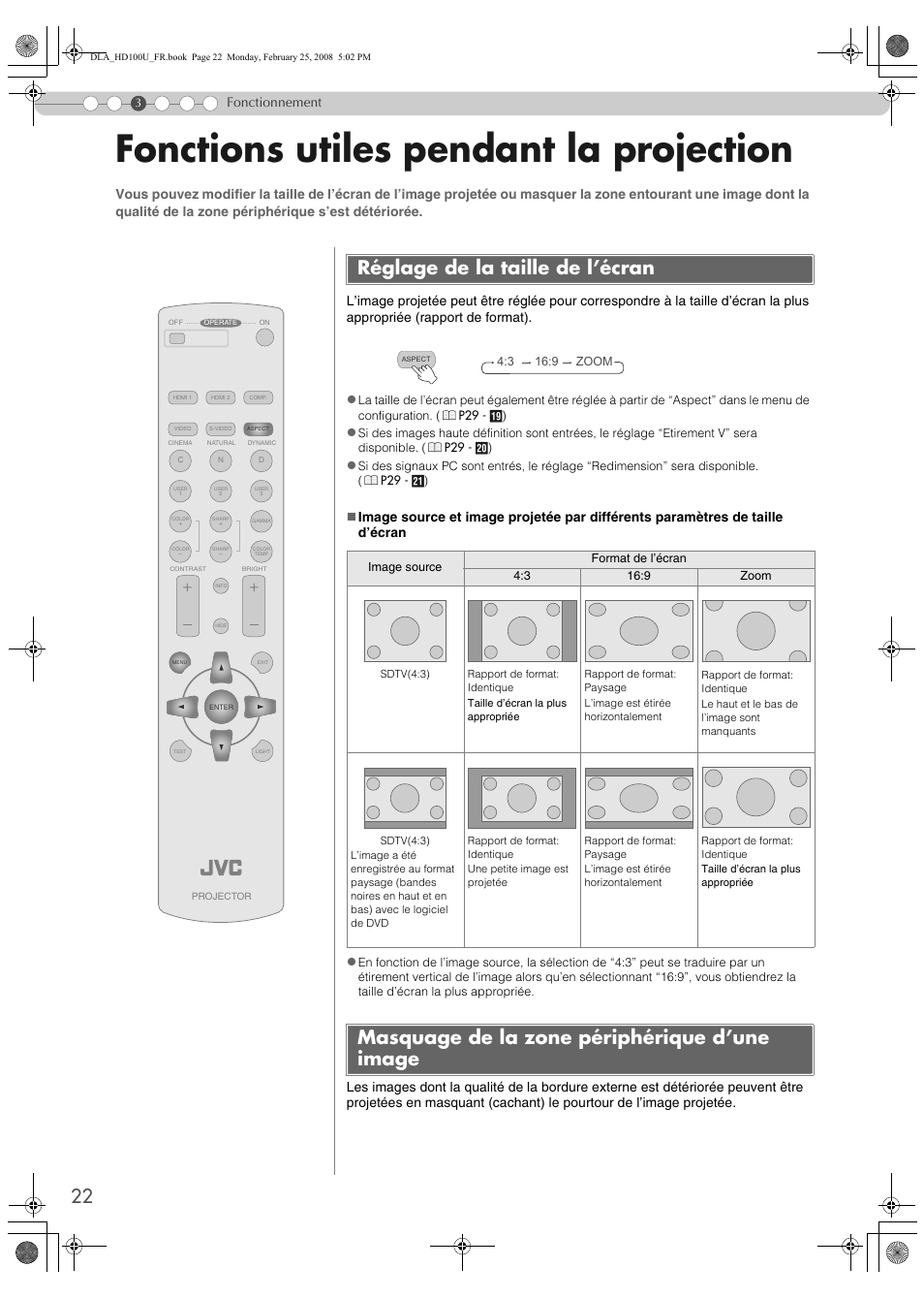 Fonctions utiles pendant la projection, Réglage de la taille de l’écran, Masquage de la zone périphérique d’une image | Fonctionnement | JVC DLA-HD100 User Manual | Page 76 / 162
