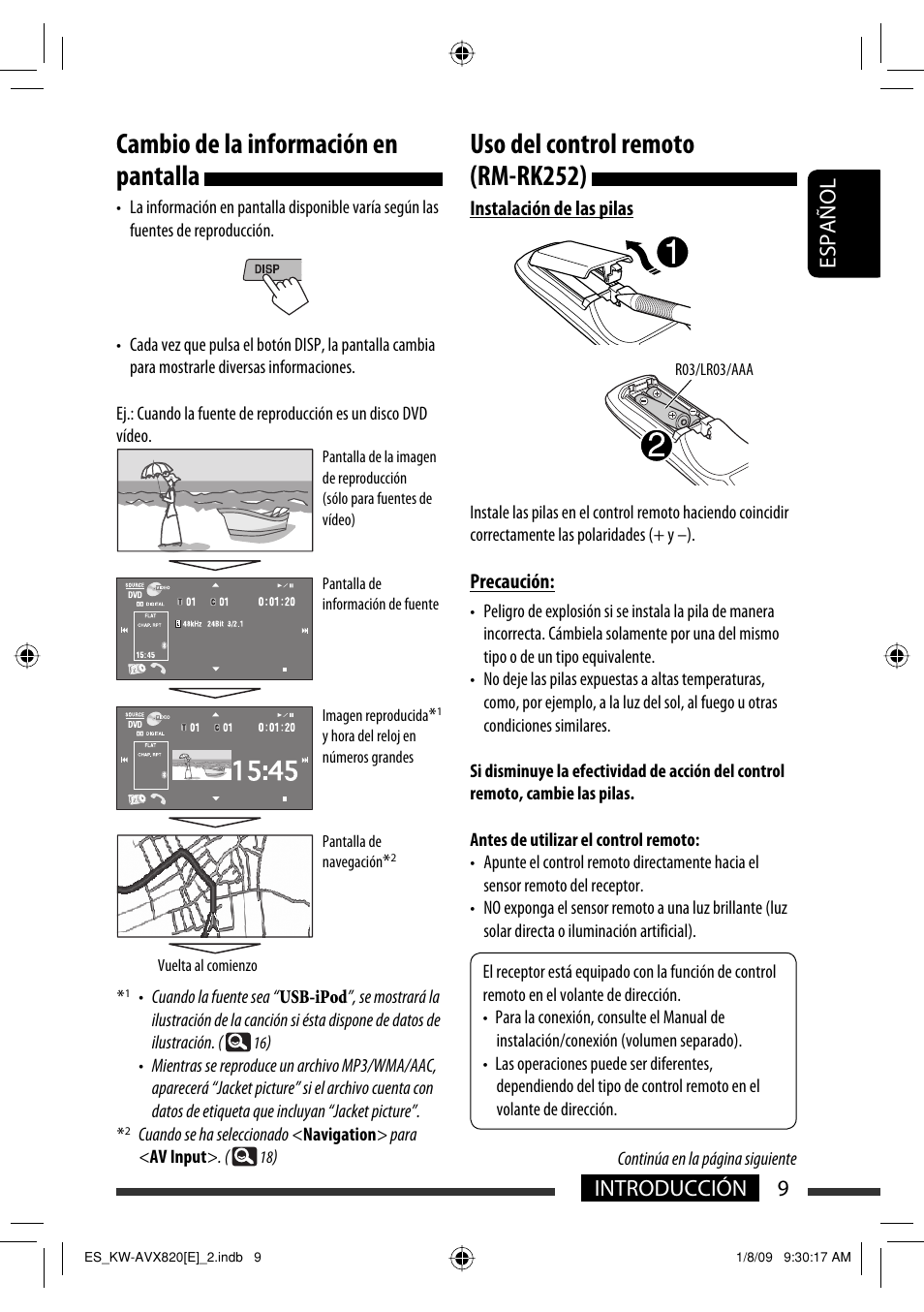 Cambio de la información en pantalla, Uso del control remoto (rm-rk252), 9introducción español | JVC KW-AVX820 User Manual | Page 11 / 285