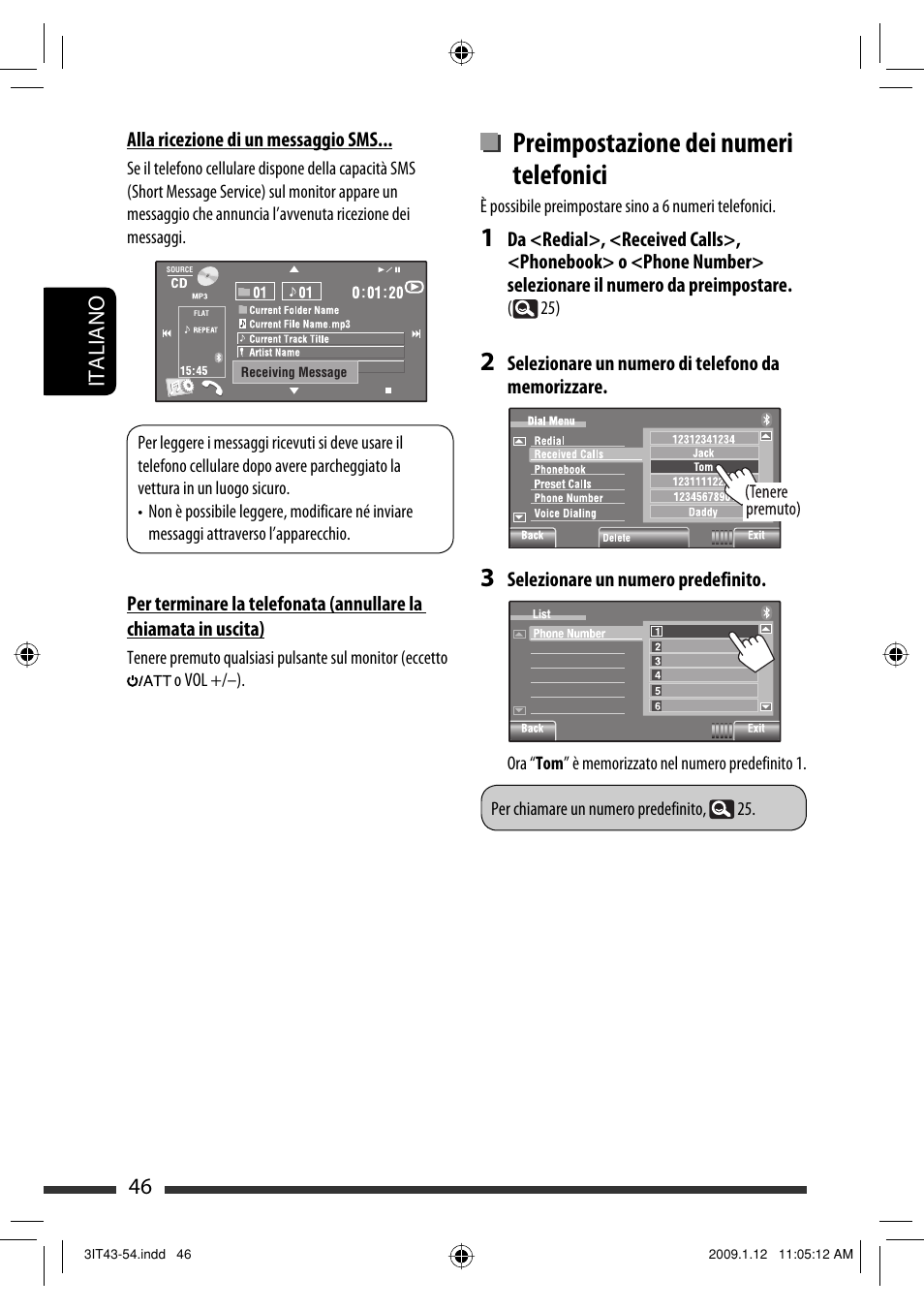 Preimpostazione dei numeri telefonici, 46 italiano | JVC KW-AVX820 User Manual | Page 118 / 285