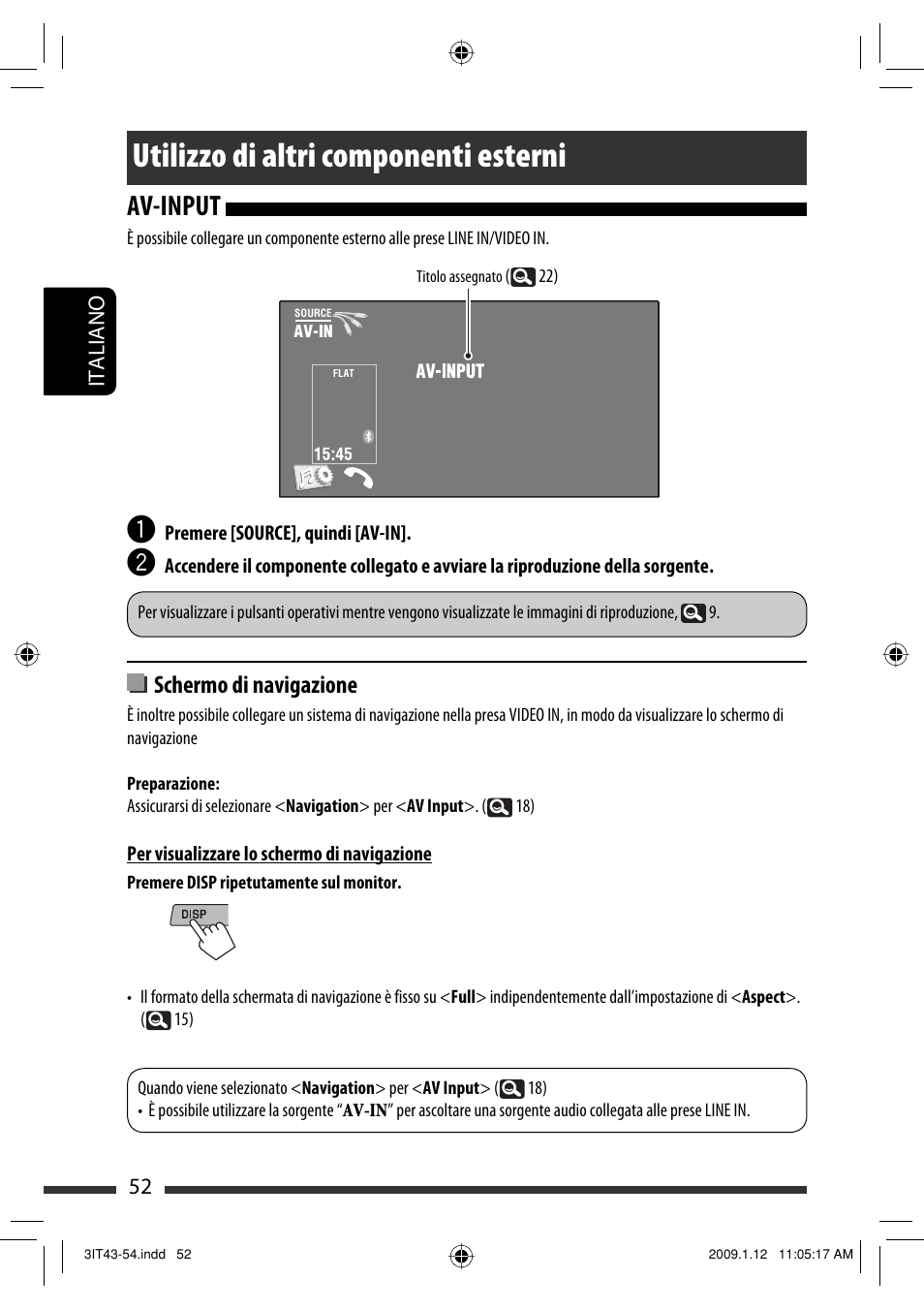 Utilizzo di altri componenti esterni, Av-input, Schermo di navigazione | JVC KW-AVX820 User Manual | Page 124 / 285