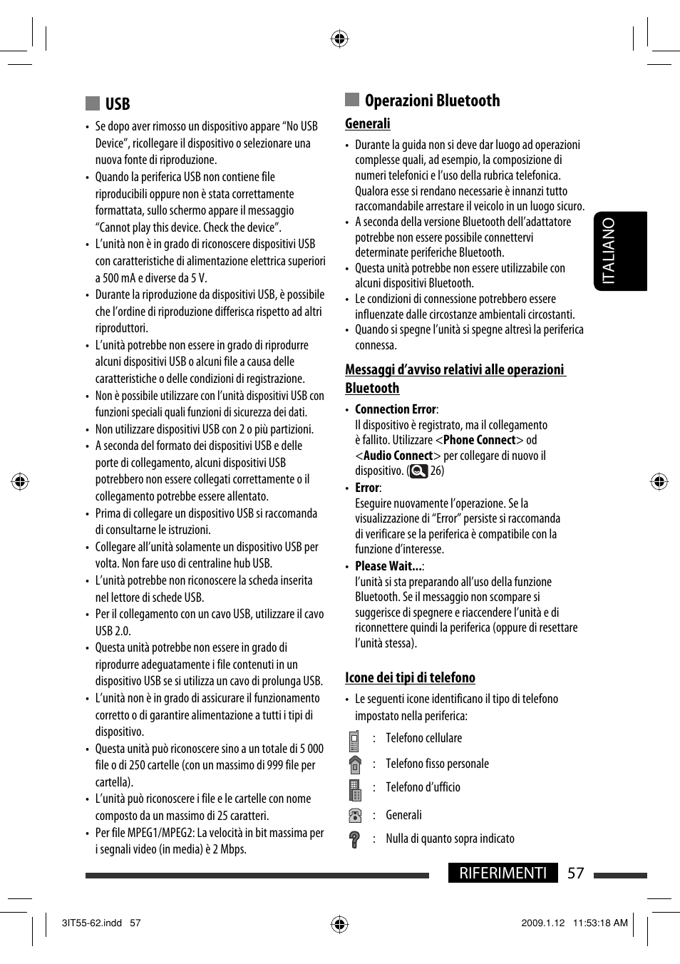 Operazioni bluetooth, 57 riferimenti italiano | JVC KW-AVX820 User Manual | Page 129 / 285