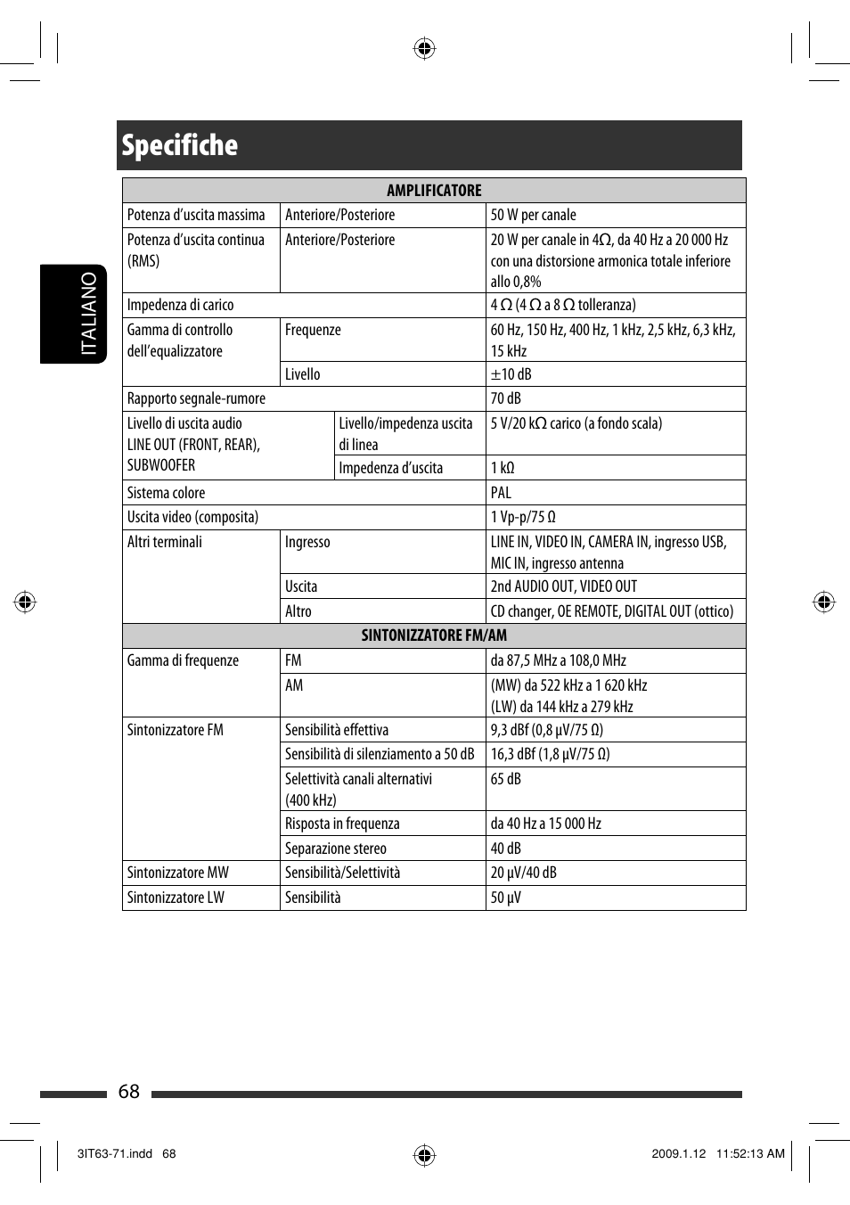 Specifiche, 68 italiano | JVC KW-AVX820 User Manual | Page 140 / 285