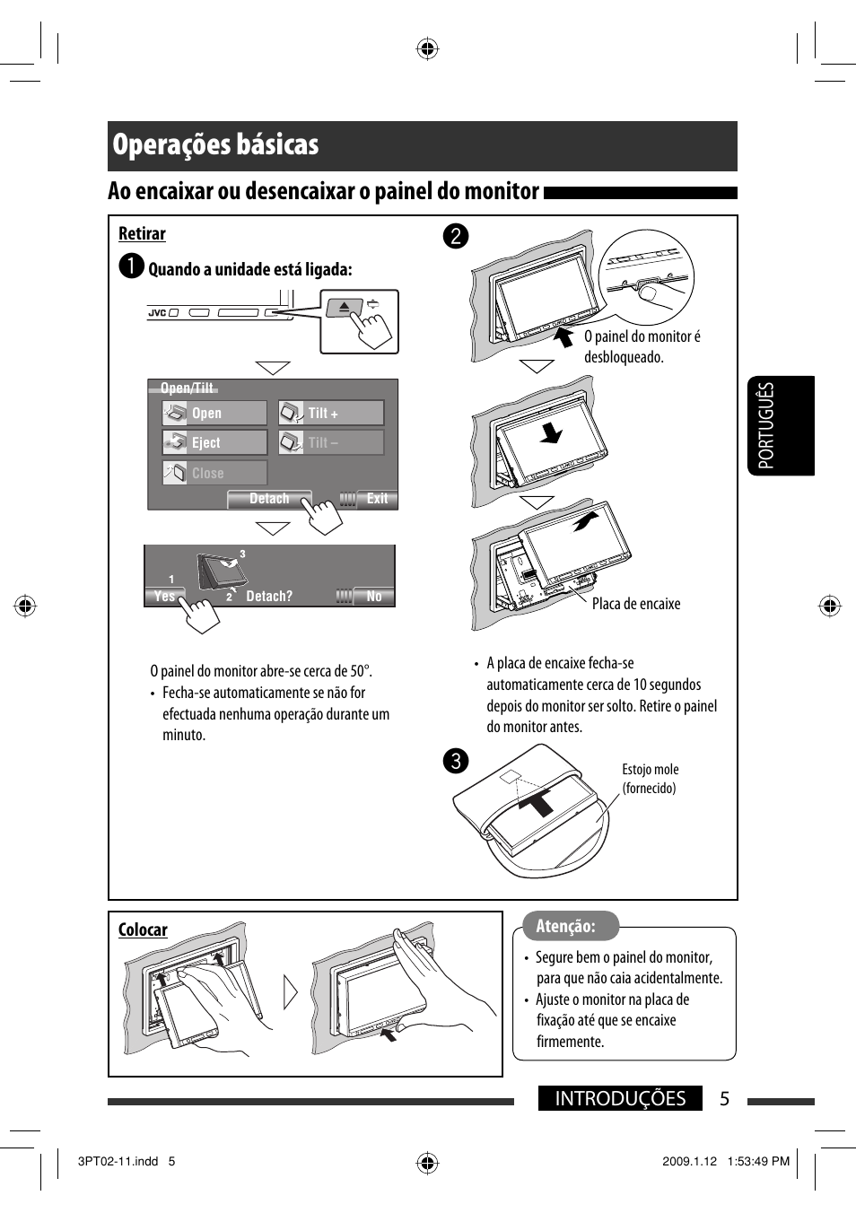 Operações básicas, Ao encaixar ou desencaixar o painel do monitor, 5introduções português | JVC KW-AVX820 User Manual | Page 147 / 285