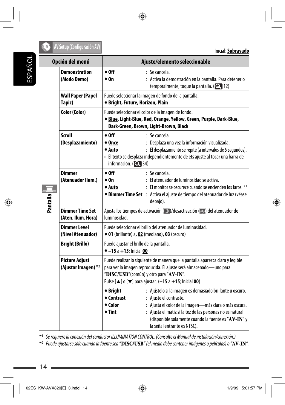 14 español, Av setup (configuración av) | JVC KW-AVX820 User Manual | Page 16 / 285