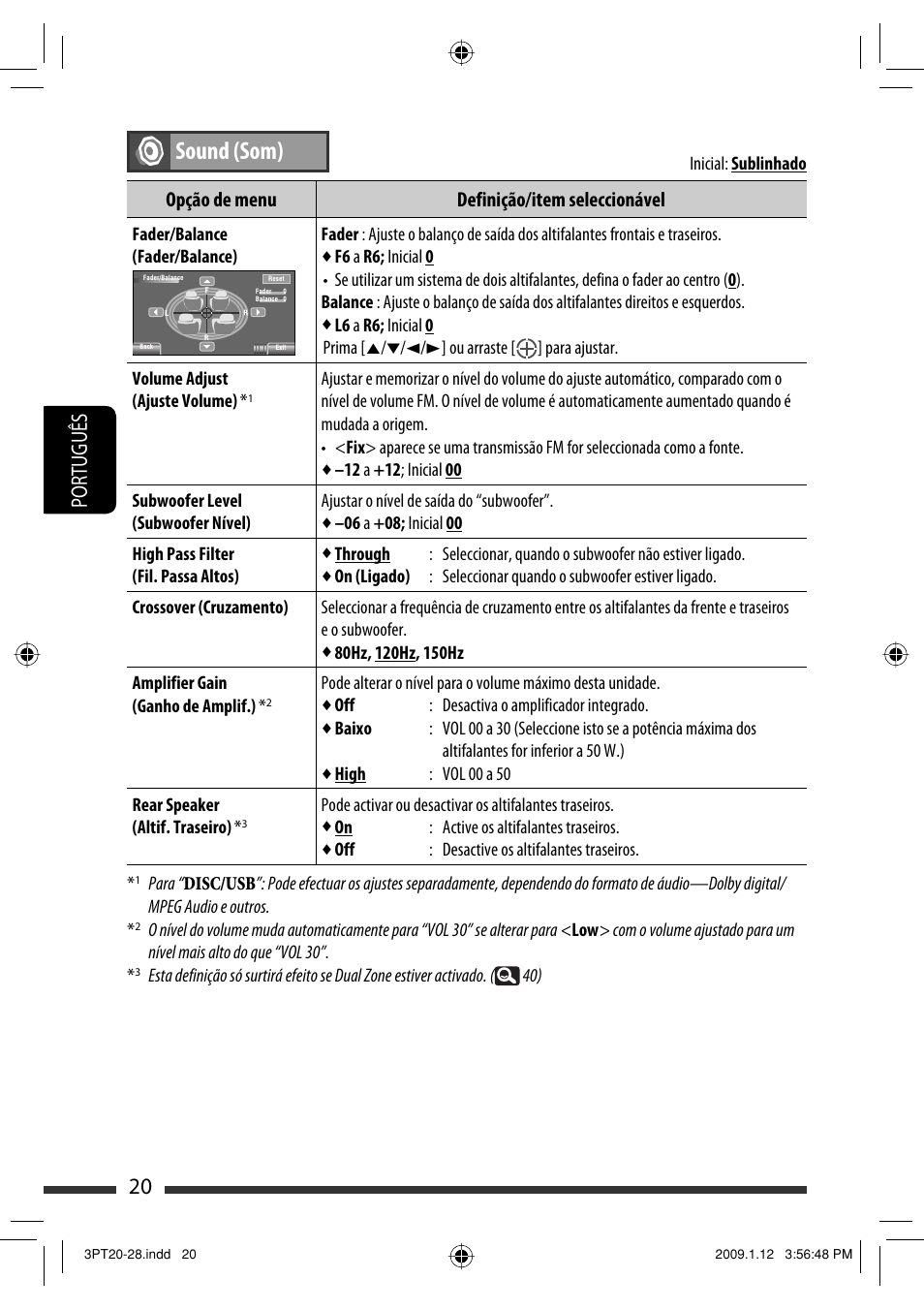Sound (som), 20 português, Opção de menu definição/item seleccionável | JVC KW-AVX820 User Manual | Page 162 / 285