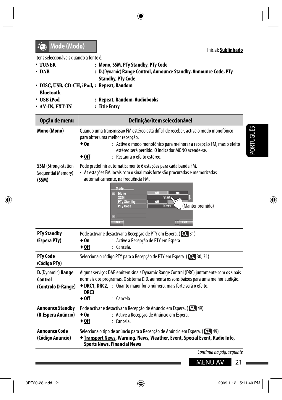 Mode (modo), 21 menu av português | JVC KW-AVX820 User Manual | Page 163 / 285