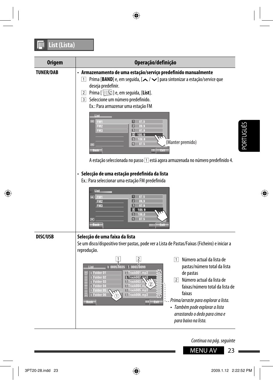 List (lista), 23 menu av português, Origem operação/definição | JVC KW-AVX820 User Manual | Page 165 / 285