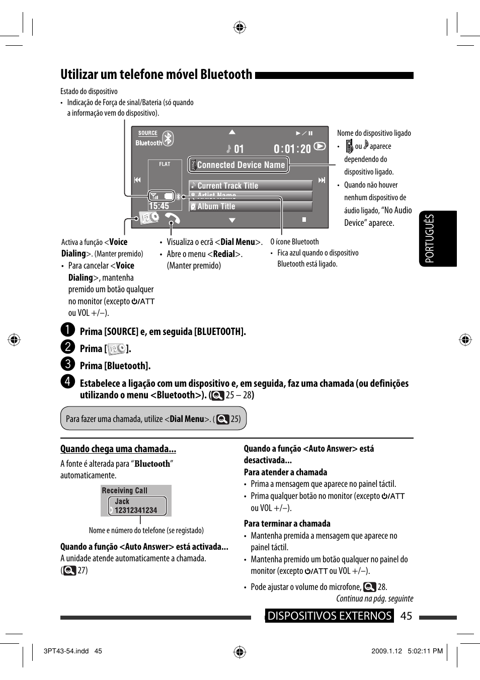 Utilizar um telefone móvel bluetooth, 45 dispositivos externos português | JVC KW-AVX820 User Manual | Page 187 / 285
