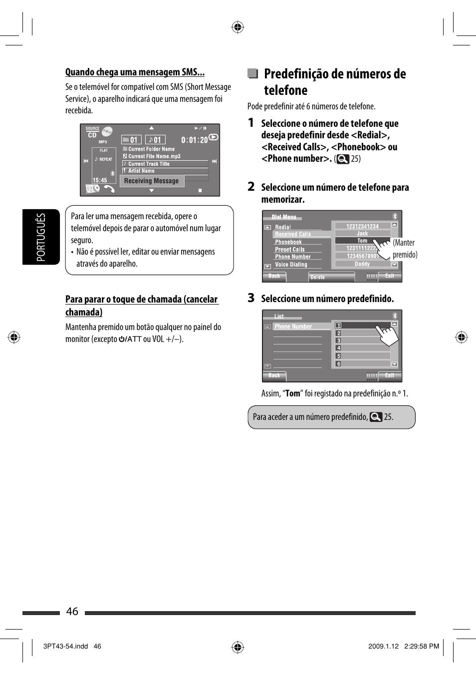 Predefinição de números de telefone, 46 português | JVC KW-AVX820 User Manual | Page 188 / 285