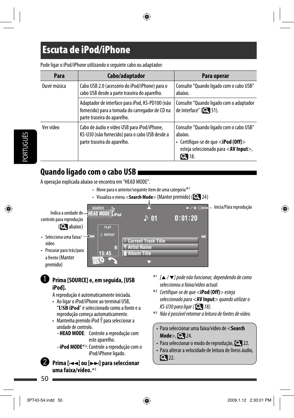 Escuta de ipod/iphone, Quando ligado com o cabo usb, 50 português | JVC KW-AVX820 User Manual | Page 192 / 285