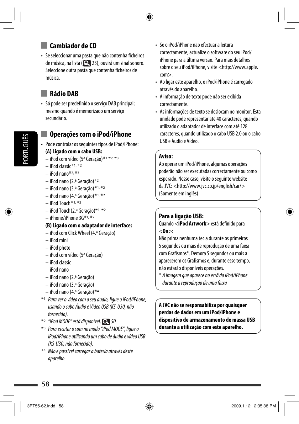Cambiador de cd, Rádio dab, Operações com o ipod/iphone | 58 português, Aviso, Para a ligação usb | JVC KW-AVX820 User Manual | Page 200 / 285