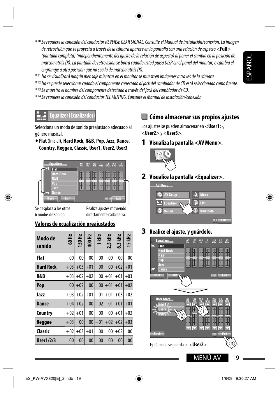 Cómo almacenar sus propios ajustes, Equalizer (ecualizador), 19 menú av español | JVC KW-AVX820 User Manual | Page 21 / 285