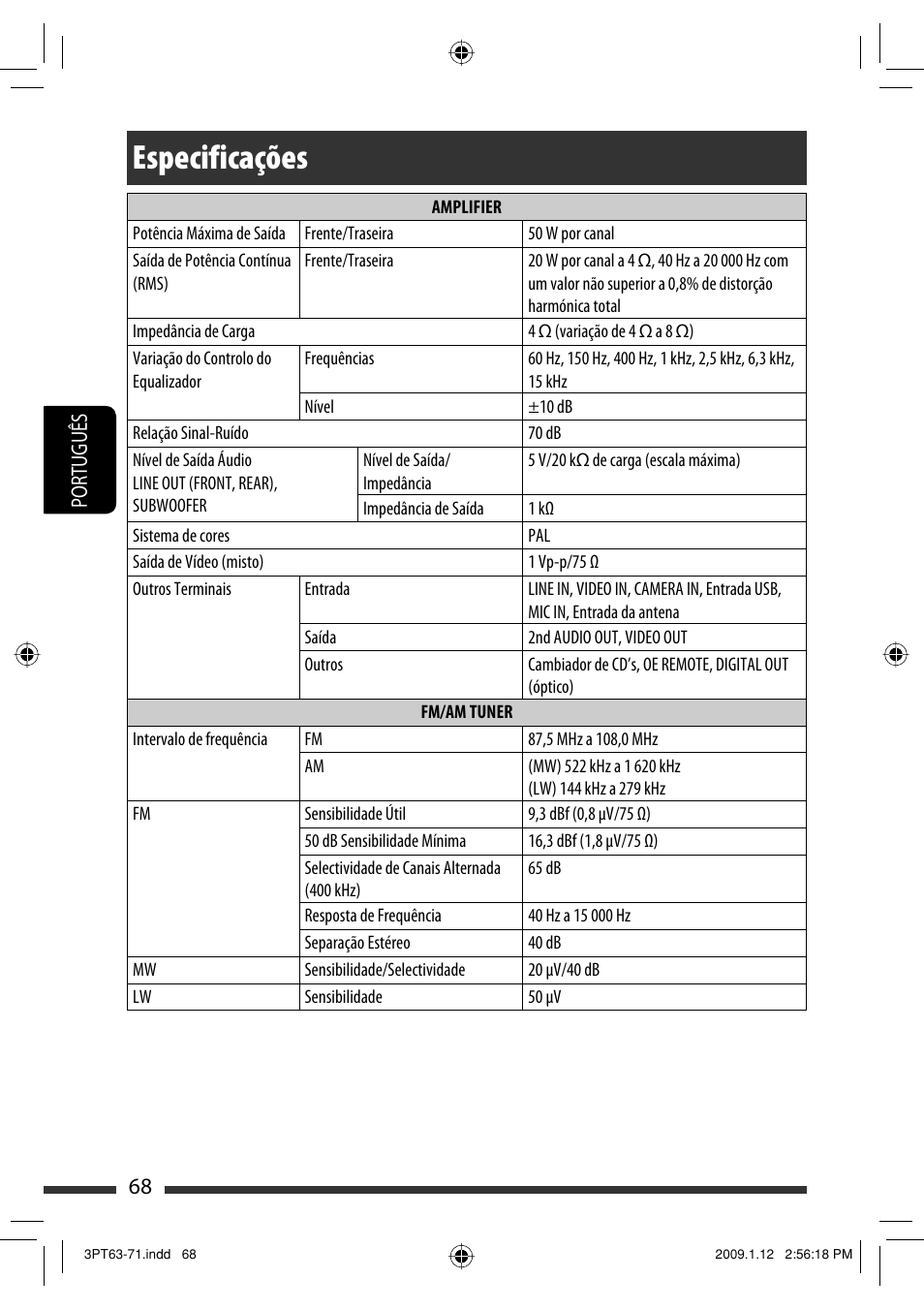 Especificações, 68 português | JVC KW-AVX820 User Manual | Page 210 / 285