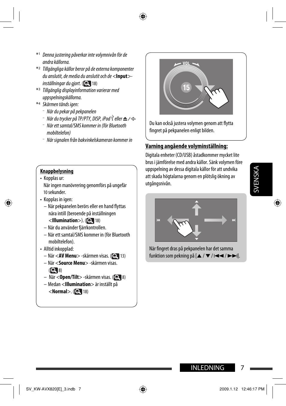 7inledning svenska, Varning angående volyminställning | JVC KW-AVX820 User Manual | Page 219 / 285