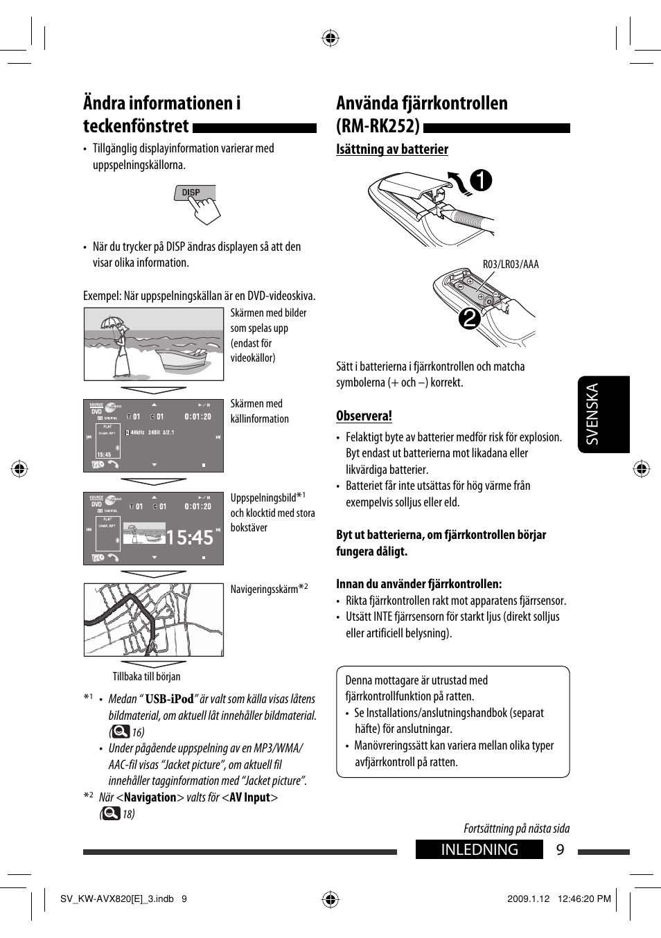Ändra informationen i teckenfönstret, Använda fjärrkontrollen (rm-rk252), 9inledning svenska | JVC KW-AVX820 User Manual | Page 221 / 285