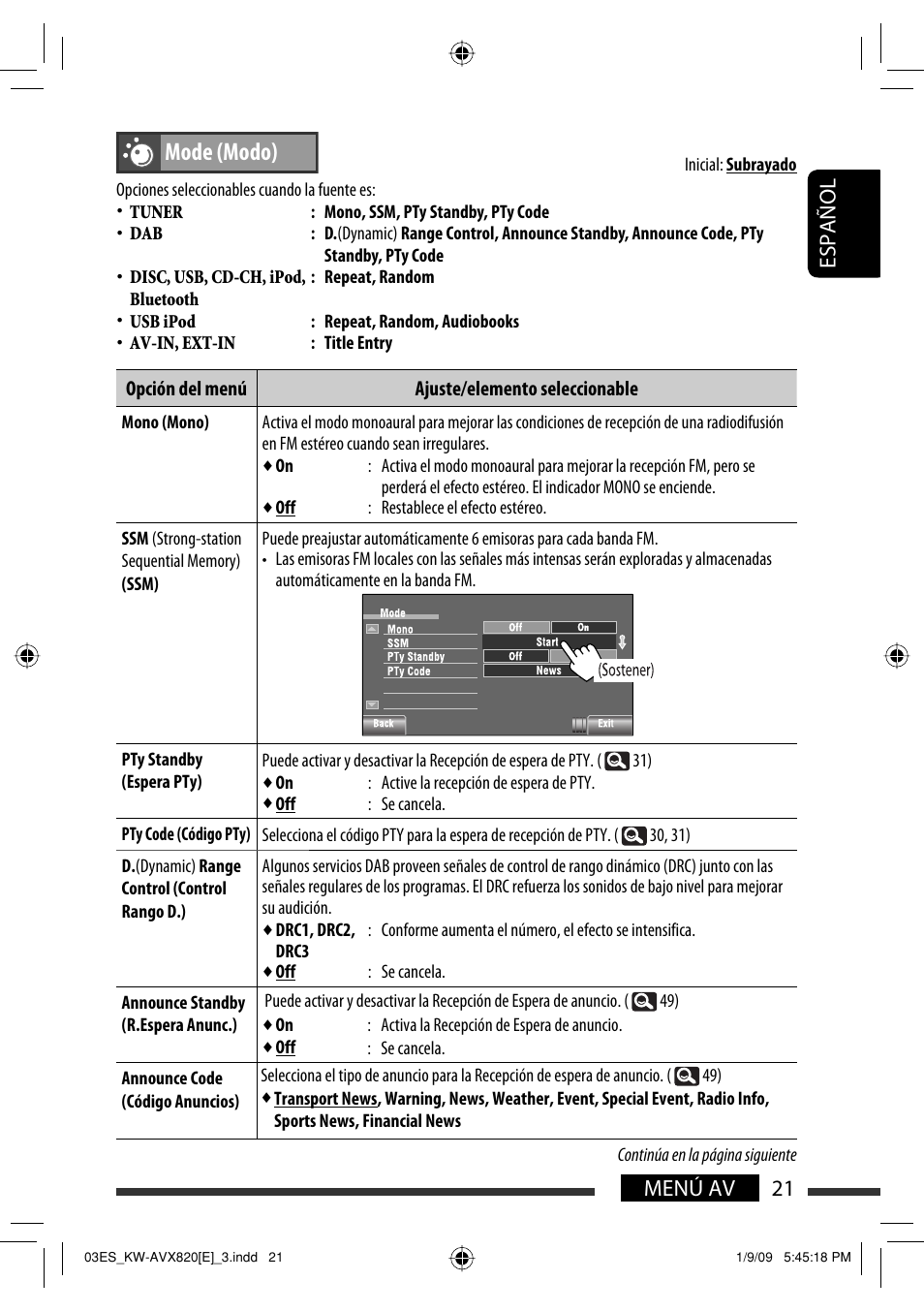 Mode (modo), 21 menú av español | JVC KW-AVX820 User Manual | Page 23 / 285