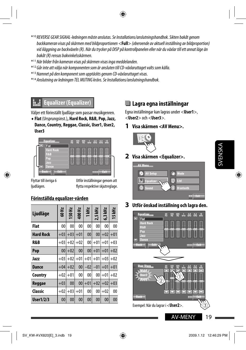 Lagra egna inställningar, Equalizer (equalizer), 19 av-meny svenska | JVC KW-AVX820 User Manual | Page 231 / 285