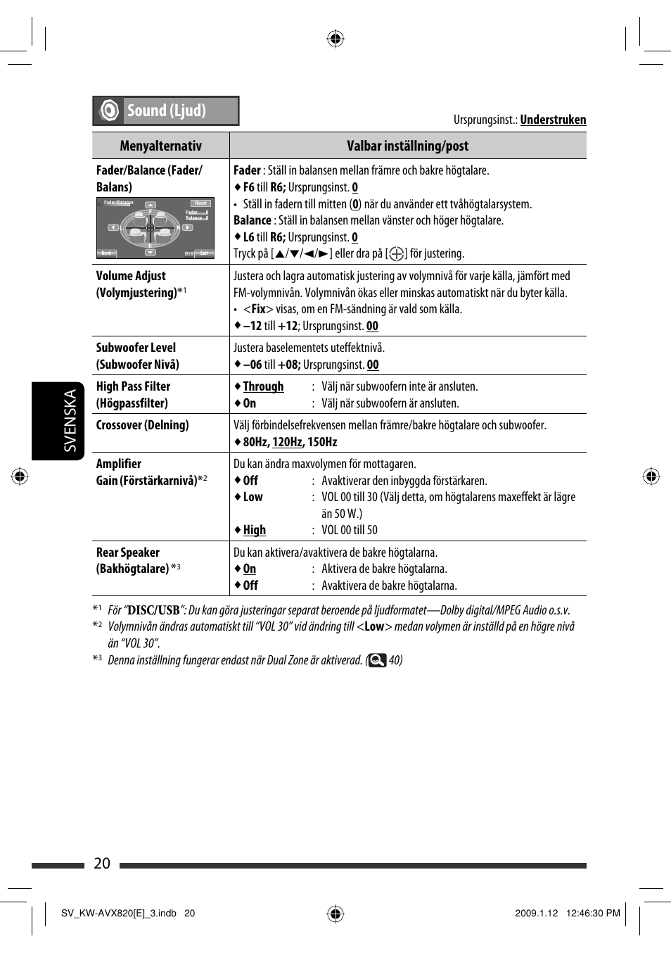 Sound (ljud), 20 svenska, Menyalternativ valbar inställning/post | JVC KW-AVX820 User Manual | Page 232 / 285