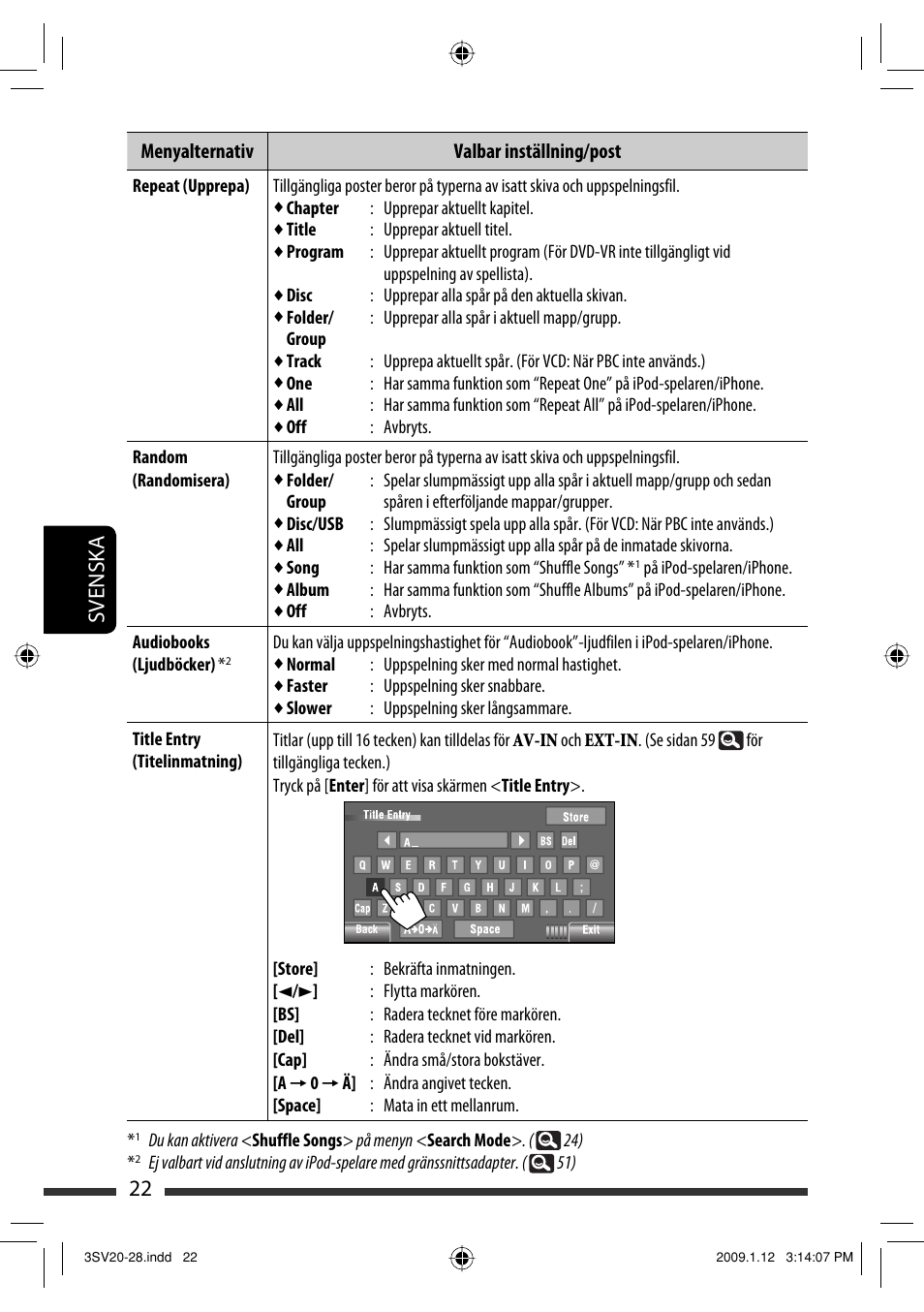 22 svenska, Menyalternativ valbar inställning/post | JVC KW-AVX820 User Manual | Page 234 / 285