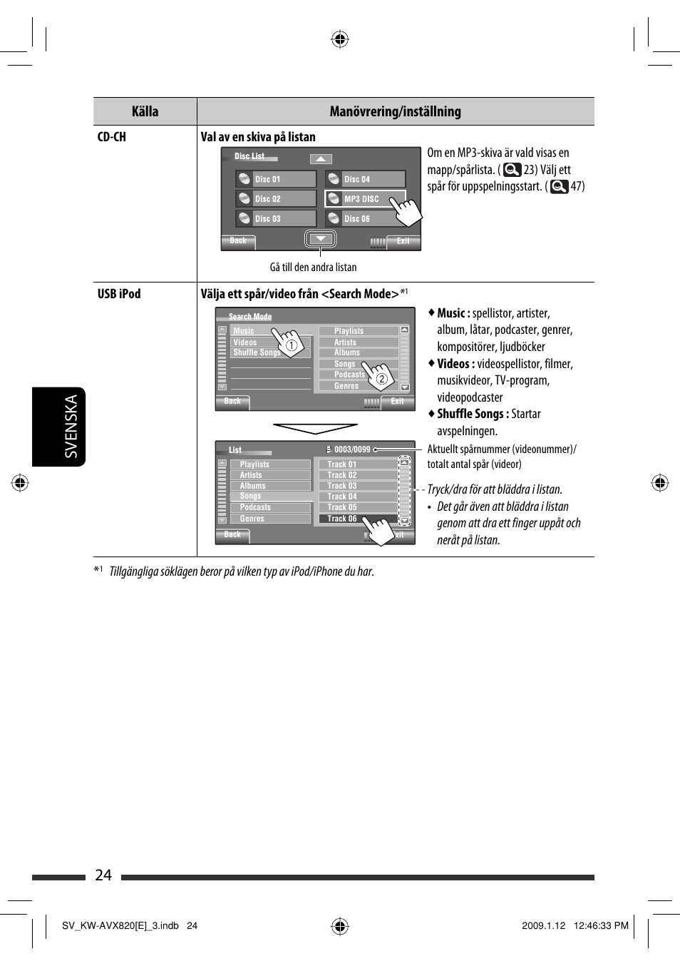 24 svenska, Källa manövrering/inställning | JVC KW-AVX820 User Manual | Page 236 / 285