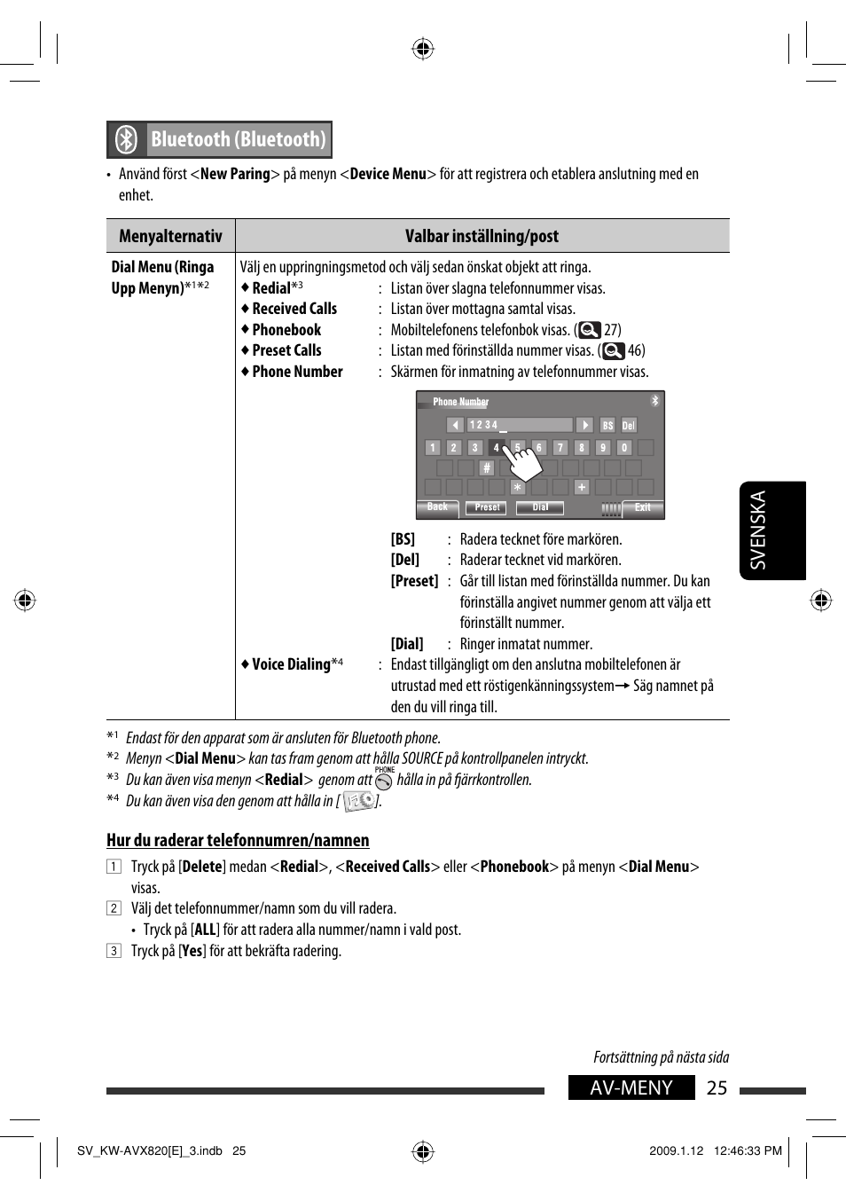 Bluetooth (bluetooth), 25 av-meny svenska, Menyalternativ valbar inställning/post | Hur du raderar telefonnumren/namnen | JVC KW-AVX820 User Manual | Page 237 / 285