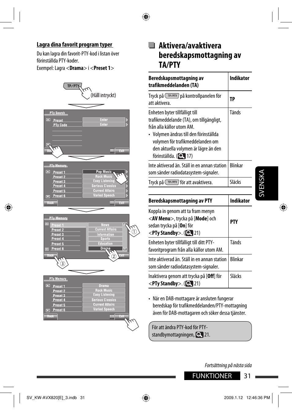 Aktivera/avaktivera beredskapsmottagning av ta/pty, 31 funktioner svenska | JVC KW-AVX820 User Manual | Page 243 / 285