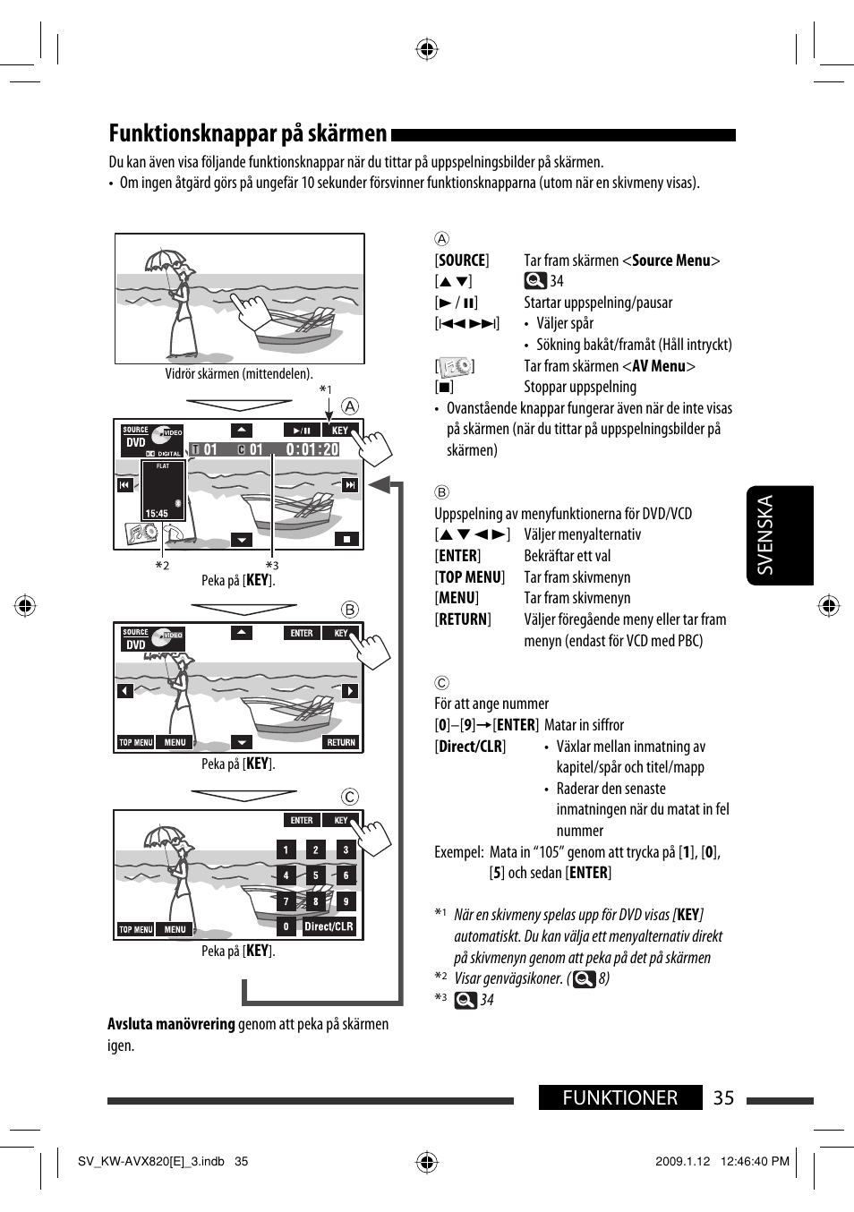 Funktionsknappar på skärmen, 35 funktioner svenska | JVC KW-AVX820 User Manual | Page 247 / 285