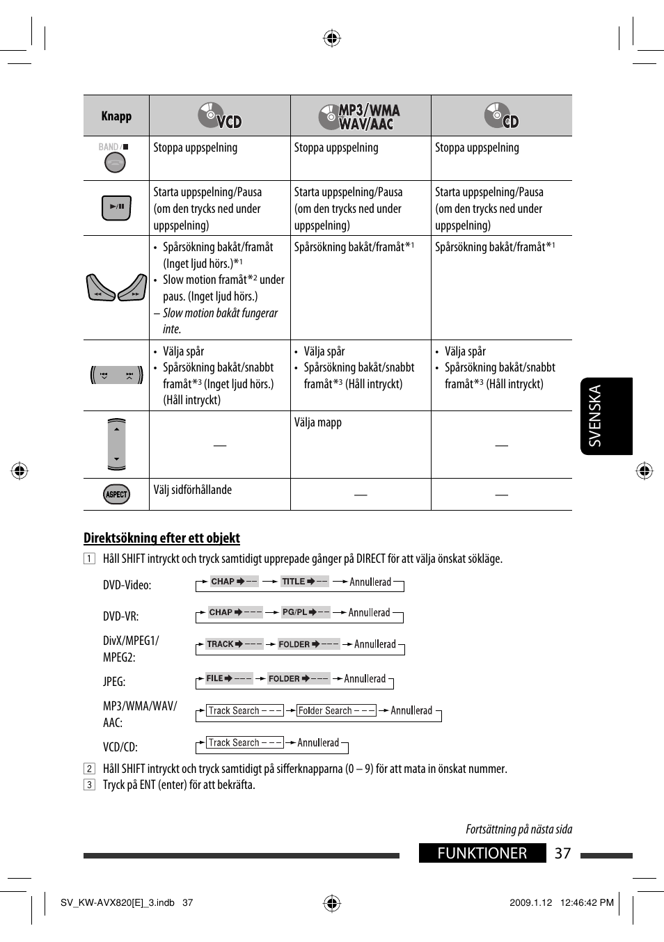 37 funktioner svenska | JVC KW-AVX820 User Manual | Page 249 / 285