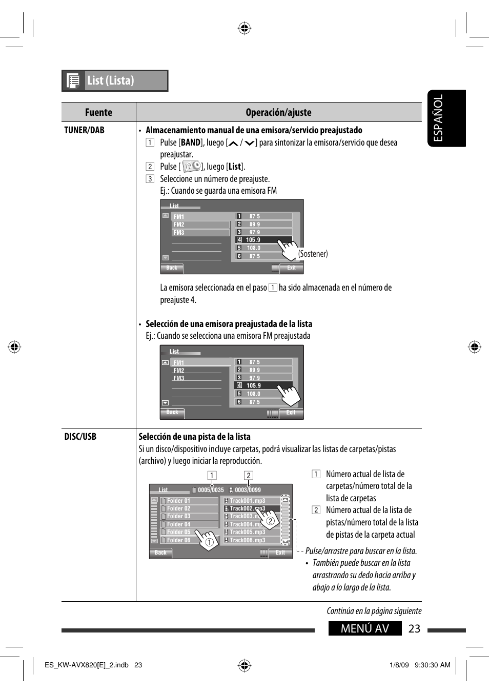 List (lista), 23 menú av español, Fuente operación/ajuste | JVC KW-AVX820 User Manual | Page 25 / 285