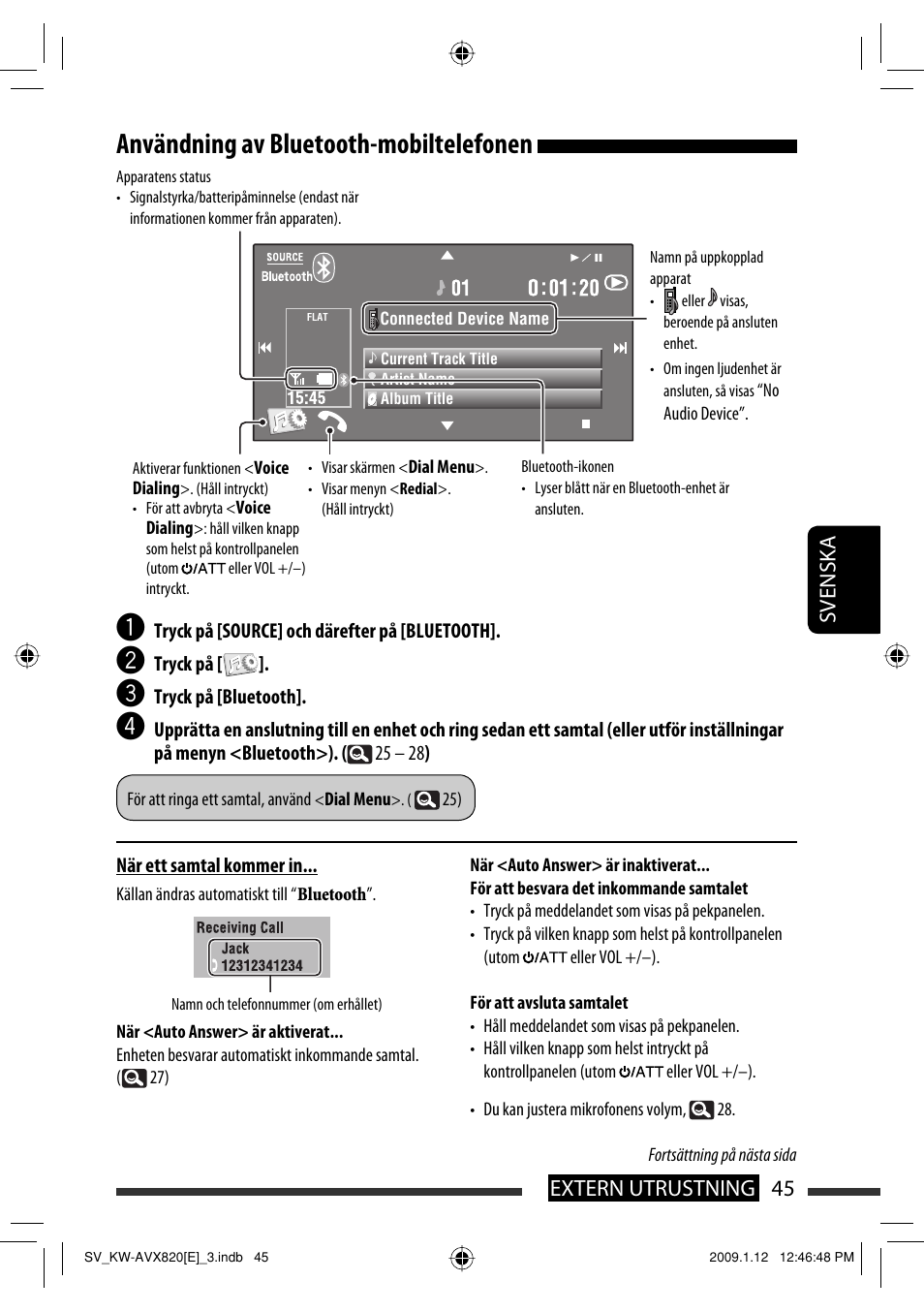 Användning av bluetooth-mobiltelefonen, 45 extern utrustning svenska | JVC KW-AVX820 User Manual | Page 257 / 285