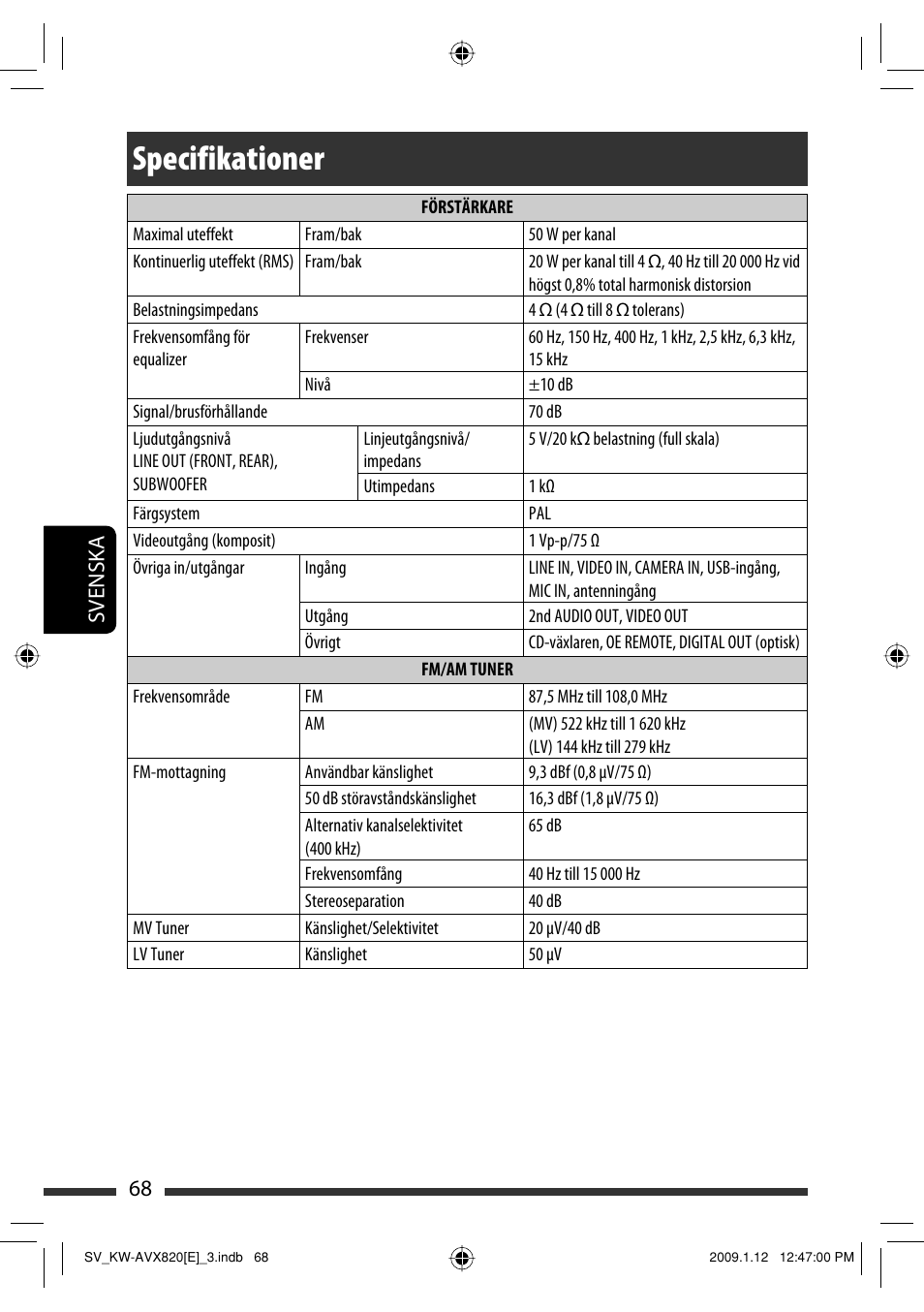 Specifikationer, 68 svenska | JVC KW-AVX820 User Manual | Page 280 / 285