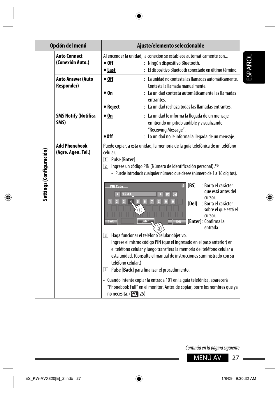 27 menú av español | JVC KW-AVX820 User Manual | Page 29 / 285