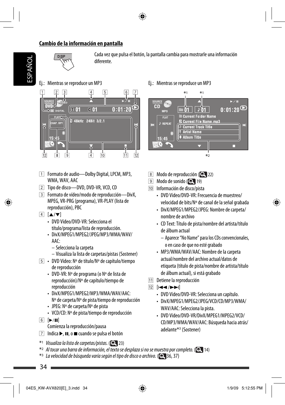 34 español, Cambio de la información en pantalla | JVC KW-AVX820 User Manual | Page 36 / 285