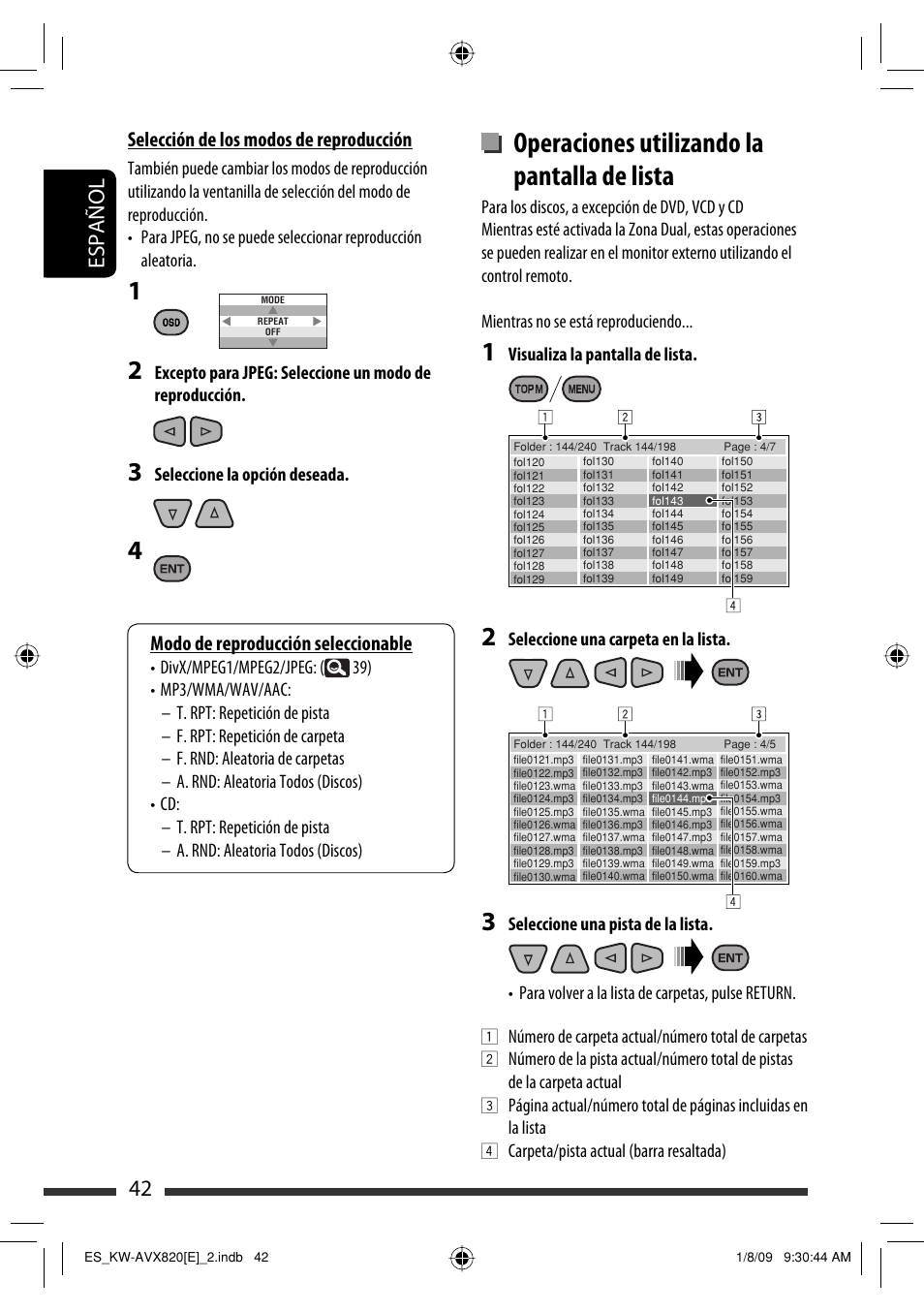 Operaciones utilizando la pantalla de lista, 42 español | JVC KW-AVX820 User Manual | Page 44 / 285