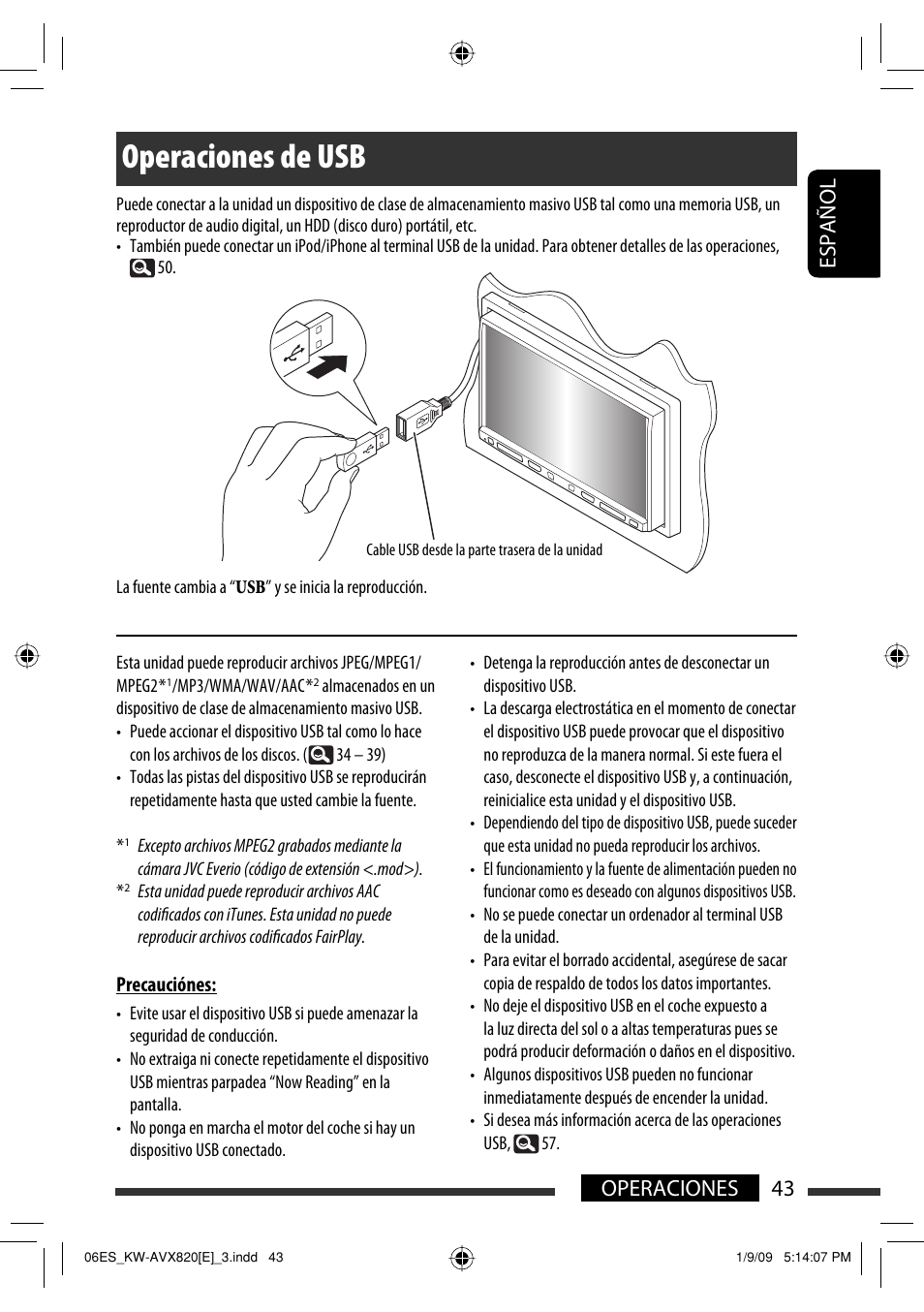 Operaciones de usb, 43 español operaciones | JVC KW-AVX820 User Manual | Page 45 / 285