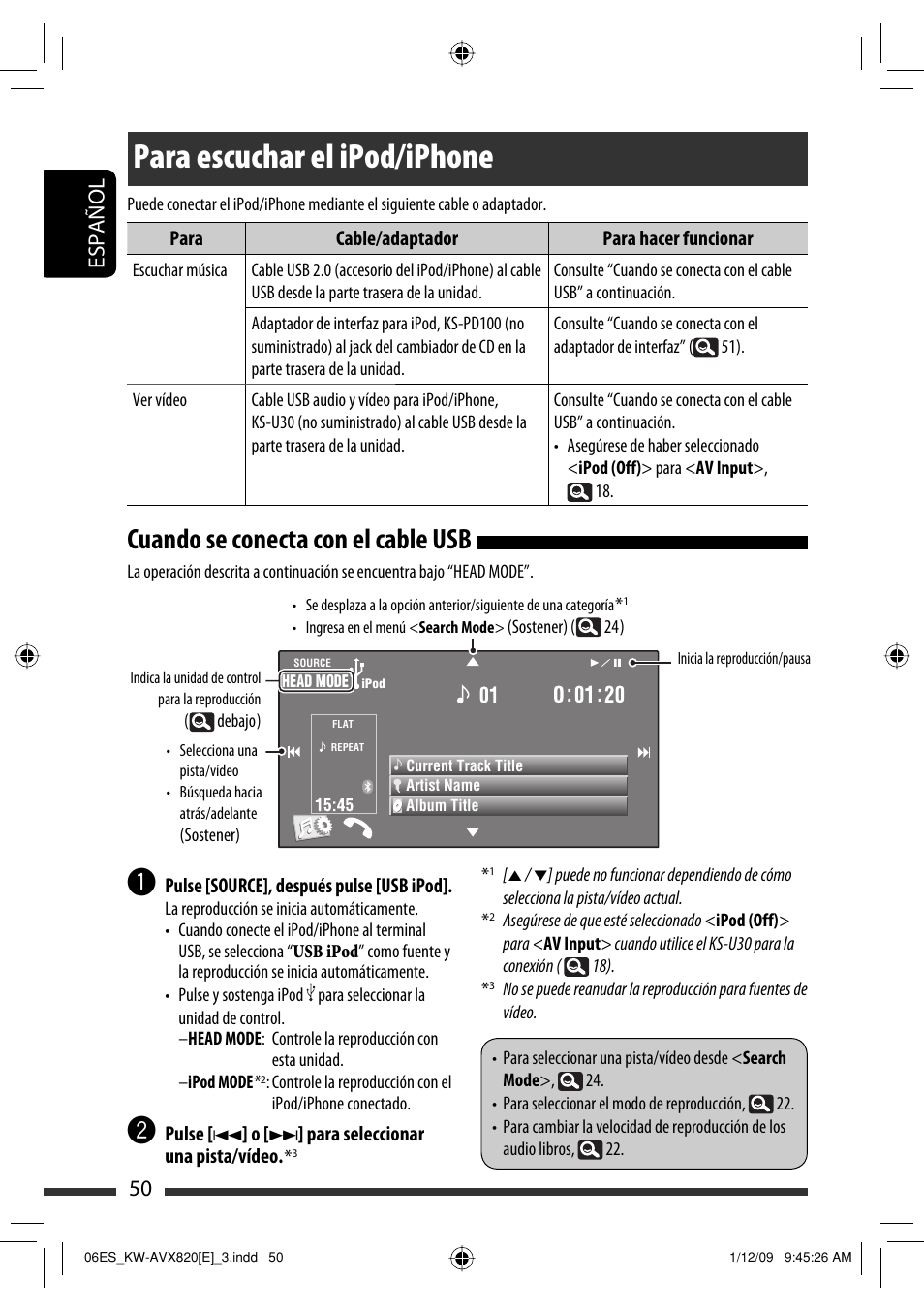 Para escuchar el ipod/iphone, Cuando se conecta con el cable usb, 50 español | JVC KW-AVX820 User Manual | Page 52 / 285