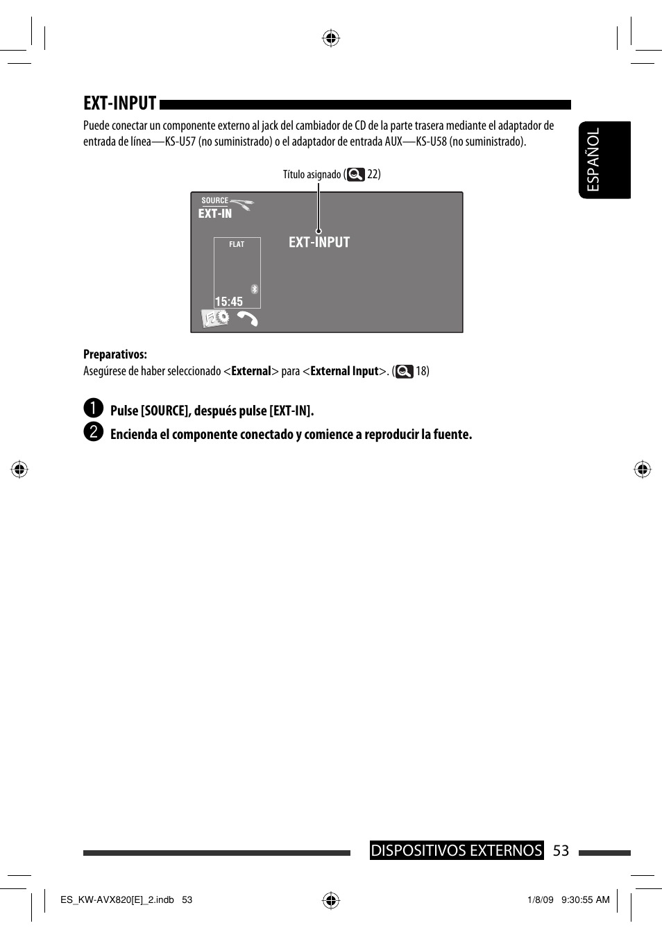 Ext-input, 53 dispositivos externos español | JVC KW-AVX820 User Manual | Page 55 / 285