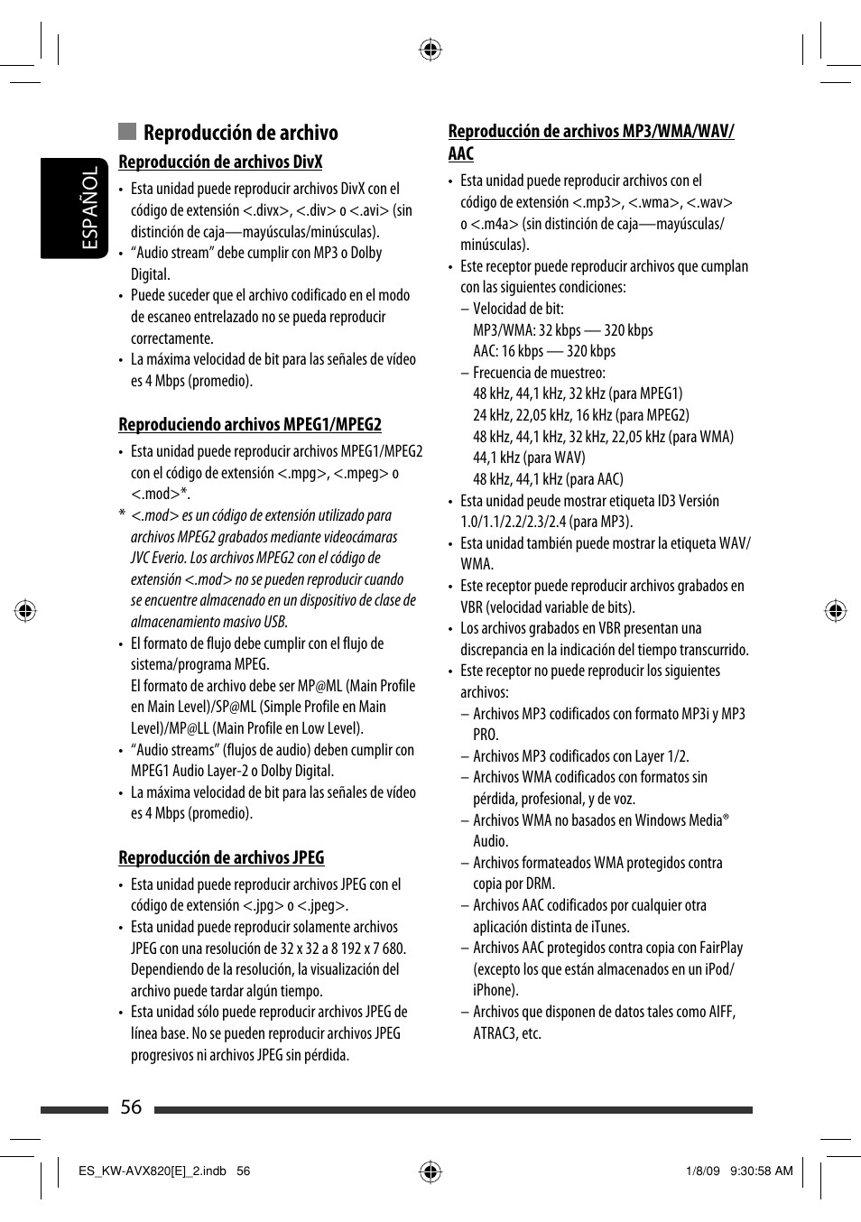 Reproducción de archivo, 56 español | JVC KW-AVX820 User Manual | Page 58 / 285