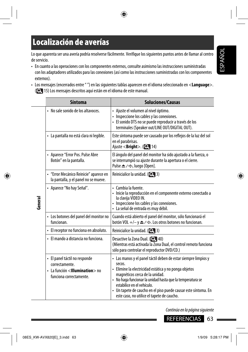 Localización de averías, 63 referencias español | JVC KW-AVX820 User Manual | Page 65 / 285