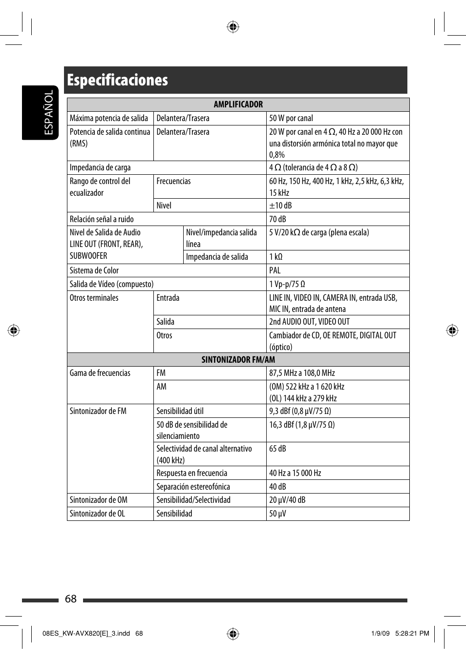 Especificaciones, 68 español | JVC KW-AVX820 User Manual | Page 70 / 285